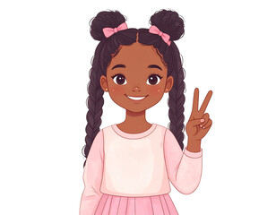Happy cartoon girl with braided space buns and pink bows making a peace sign.