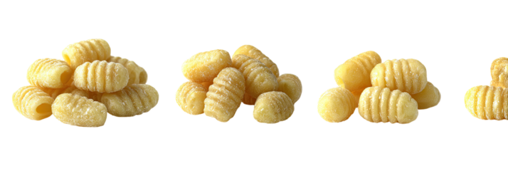 Four piles of light yellow pasta, likely gnocchi or similar, showing a ridged, textured surface