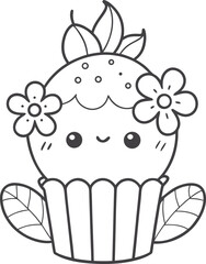 Cute kawaii cupcake coloring page for kids, black and white vector illustration of smiling sweet dessert, cartoon-style cupcake line art, fun printable worksheet for children&rsquo;s creative coloring 