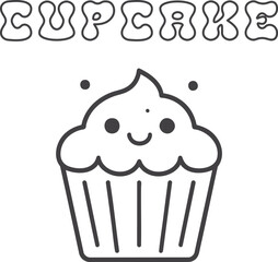 Cute kawaii cupcake coloring page for kids, black and white vector illustration of smiling sweet dessert, cartoon-style cupcake line art, fun printable worksheet for children’s creative coloring 