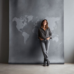 Confident woman leaning against a world map backdrop. Concept for global business, travel, or international affairs. Stylish, modern, and authentic lifestyle.