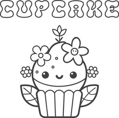 Cute kawaii cupcake coloring page for kids, black and white vector illustration of smiling sweet dessert, cartoon-style cupcake line art, fun printable worksheet for children&rsquo;s creative coloring 