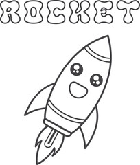 Cute kawaii rocket coloring page for kids, black and white vector illustration of smiling rocket ship, cartoon-style space vehicle line art, fun printable worksheet for children&rsquo;s creative coloring ac