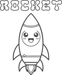 Cute kawaii rocket coloring page for kids, black and white vector illustration of smiling rocket ship, cartoon-style space vehicle line art, fun printable worksheet for children&rsquo;s creative coloring ac