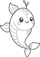 Cute kawaii fish coloring page for kids, black and white vector illustration of smiling fish, cartoon-style sea animal line art, fun printable worksheet for children&rsquo;s creative coloring activities