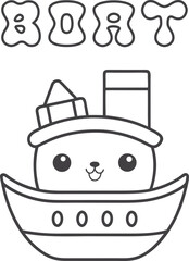 Cute kawaii boat coloring page for kids, black and white vector illustration of smiling sailboat, cartoon-style watercraft line art, fun printable worksheet for children&rsquo;s creative coloring activities