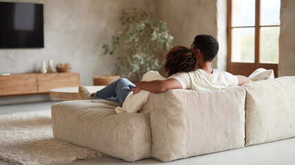 Cozy couple relaxing at home on a comfortable couch. A loving and peaceful domestic scene, perfect for illustrating relationships, downtime, and modern living.