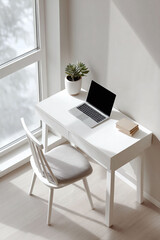 Minimalist workspace with laptop, plant, and books. Bright, clean aesthetic conveys productivity, focus, and simplicity. Ideal for blog, website, or social media.