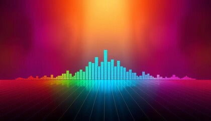 Vibrant gradient backdrop with dynamic sound wave equalizer radiating outwards, spectrum, technology