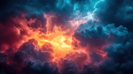 Fototapeta premium Fiery storm clouds, lightning, intense sky, dramatic weather, nature background