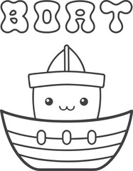 Cute kawaii boat coloring page for kids, black and white vector illustration of smiling sailboat, cartoon-style watercraft line art, fun printable worksheet for children&rsquo;s creative coloring activities