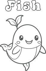 Cute kawaii fish coloring page for kids, black and white vector illustration of smiling fish, cartoon-style sea animal line art, fun printable worksheet for children&rsquo;s creative coloring activities