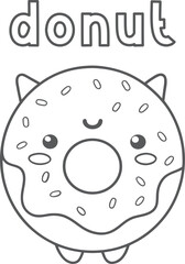Kawaii cute donut coloring page for kids, black and white vector illustration of smiling dessert with frosting and sprinkles, cartoon-style line art, fun printable worksheet for children&rsquo;s coloring ac