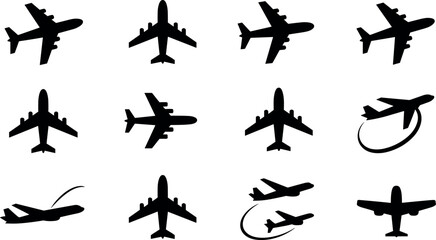 Collection of silhouette airplane icons in various positions and flying styles for aviation and travel themes