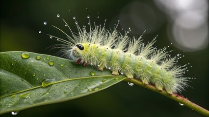 Naklejka premium Closeup of a green caterpillar with water droplets on a leaf
