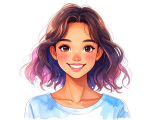 Joyful anime character with big brown eyes a radiant smile and stylish wavy hair with pink ombre.