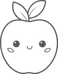 Kawaii cute apple coloring page for kids, black and white vector illustration of smiling fruit, cartoon-style line art, fun printable worksheet for children&rsquo;s creative coloring activities