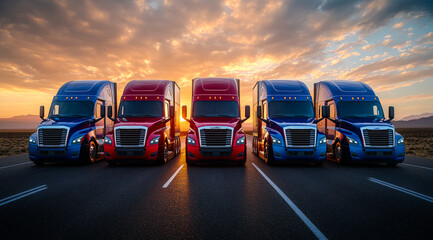 Trucks at sunset in open land. Four colorful trucks line up against a vibrant sunset, showcasing their shine and beautiful surroundings.