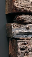 Detailed Close Up Of Stacked Aged Dark Brown Wood