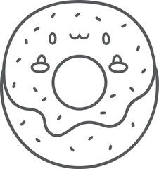 Kawaii cute donut coloring page for kids, black and white vector illustration of smiling dessert with frosting and sprinkles, cartoon-style line art, fun printable worksheet for children&rsquo;s coloring ac