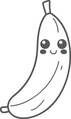 Kawaii cute banana coloring page for kids, black and white vector illustration of smiling tropical fruit, cartoon-style line art, fun printable worksheet for children&rsquo;s creative coloring activities
