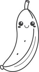 Kawaii cute banana coloring page for kids, black and white vector illustration of smiling tropical fruit, cartoon-style line art, fun printable worksheet for children&rsquo;s creative coloring activities