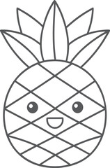 Kawaii cute pineapple coloring page for kids, black and white vector illustration of smiling tropical fruit, cartoon-style line art, fun printable worksheet for children&rsquo;s creative coloring activities