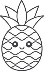 Kawaii cute pineapple coloring page for kids, black and white vector illustration of smiling tropical fruit, cartoon-style line art, fun printable worksheet for children&rsquo;s creative coloring activities