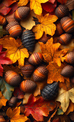 Fototapeta premium Acorns and leaves scattered in autumn. Colorful autumn leaves and acorns are scattered on a surface, showcasing rich textures and seasonal tones of fall.