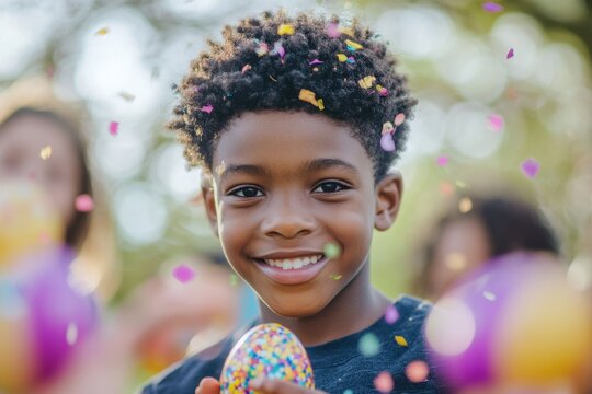 Joyful African American boy celebrating Easter with colorful confetti and decorated eggs in an outdoor setting, confetti over african american boy holding easter egg with children at easter egg hunt