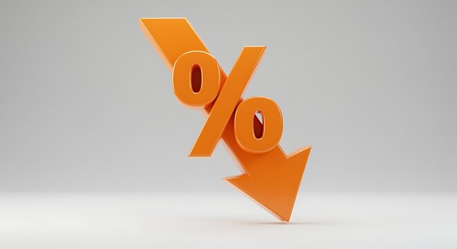 Orange Percentage Drop Arrow on White Background Representing Financial Loss or Economic Recession and Declining Interest Rates Impacting Investments