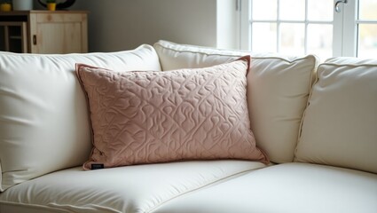 Delicate blush pink quilted throw pillow on a cream sectional sofa.