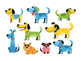 Naklejka premium Cartoon Dogs Delight: A playful collection of animated dogs in various colors and joyful expressions, perfect for children's illustrations and cheerful design projects.