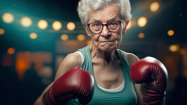 Fearless old granny wearing gloves at boxing pose