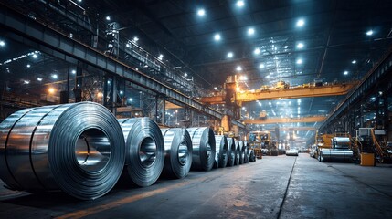 industrial steel coil storage warehouse interior with overhead crane manufacturing facility metalworks production