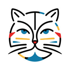 Fototapeta premium Stylized cat face illustration. Modern, abstract line art with colorful shapes. Vector logo or icon of a kitten with blue eyes for pet concepts. 