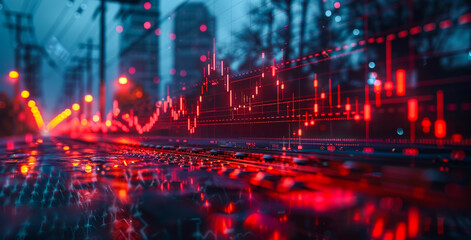 Nighttime city finance glow. Lighted cityscape reflects trading data on pavement, showcasing vibrant colors and intricate graph patterns at night.