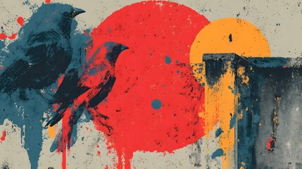 Expressive grunge illust n featuring two abstract birds against a bold layered backdrop of earthy colors gritty textures and industrial elements like rusted metal and concrete surfaces