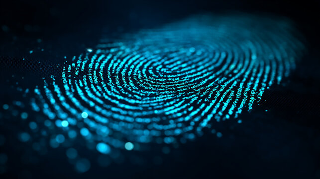 Closeup of a glowing blue fingerprint composed of digital binary code, representing identity and technology