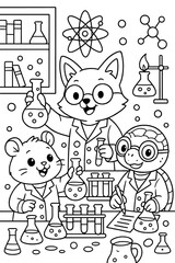 Science lab with animals doing experiments coloring page