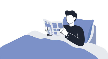 Man reads newspaper in bed at home. Illustration for news sites or health blogs