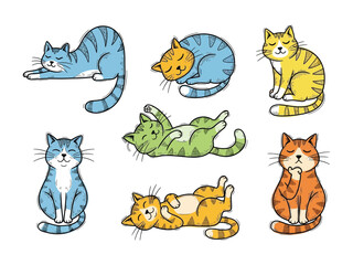 Whimsical Cat Collection: An adorable set of stylized cats in various poses, each showcasing unique colors and expressions. A vibrant display of feline charm and playful personality.