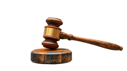 Wooden gavel and law book representing justice and judicial authority, isolated on a white background