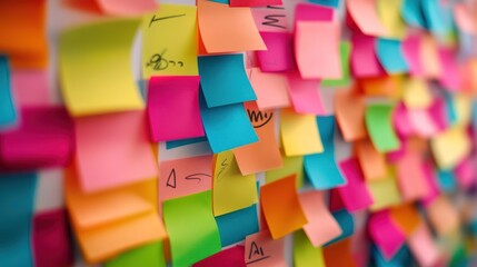Brainstorming Session: Vibrant Sticky Notes on a Wall for Project Planning