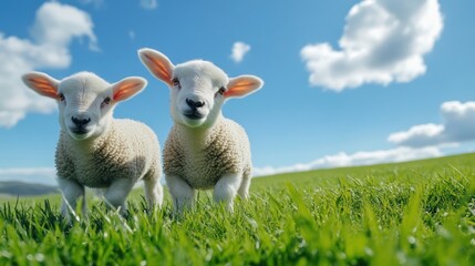 Adorable Pair of Lambs Grazing in a Lush Green Meadow under a Sunny Sky