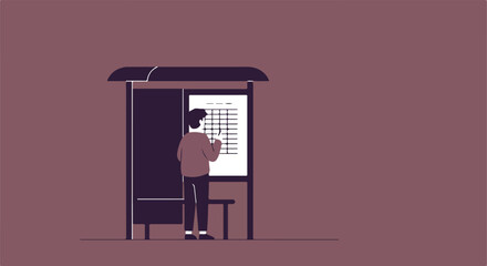 Person checks schedule at bus stop. Use Info graphic, transportation, urban life