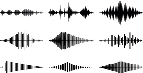 Diverse collection of black and white sound waveforms displayed against a clean white background