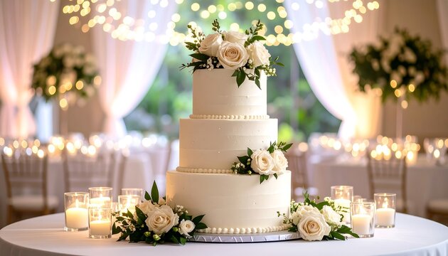 Elegant wedding cake, decorated with roses