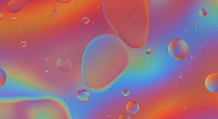 Oil droplets of varying sizes float on a colorful iridescent background
