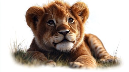 Obraz premium Cute lion cub in savanna grass, looking up. Wildlife conservation